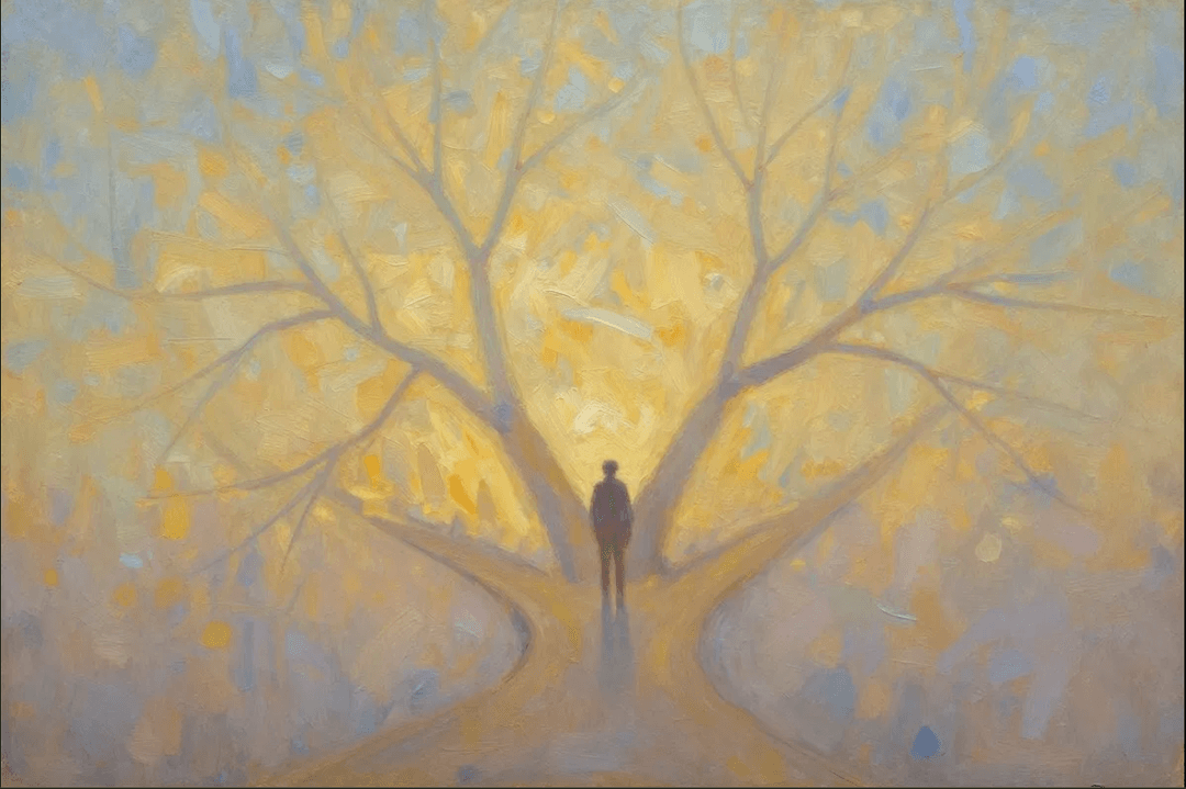A figure standing at the centre of radiating light — independent thought