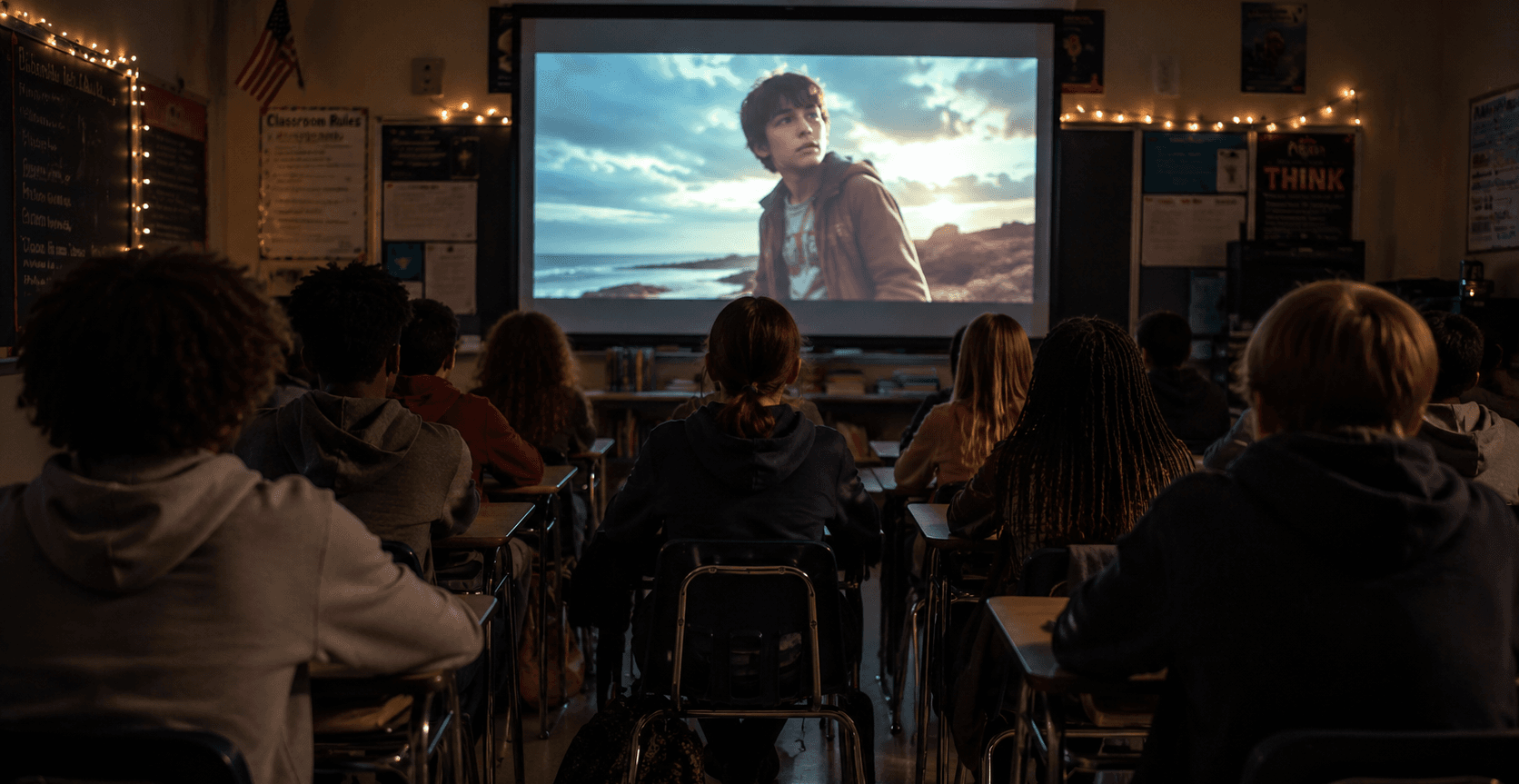 Students watching a movie in a classroom